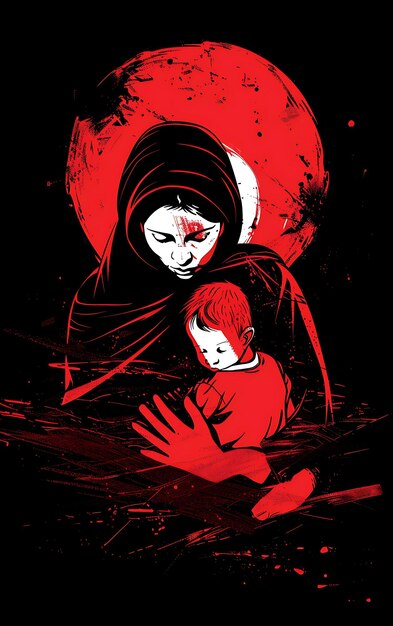 Photo une affiche pour une femme avec un enfant et une lune rouge