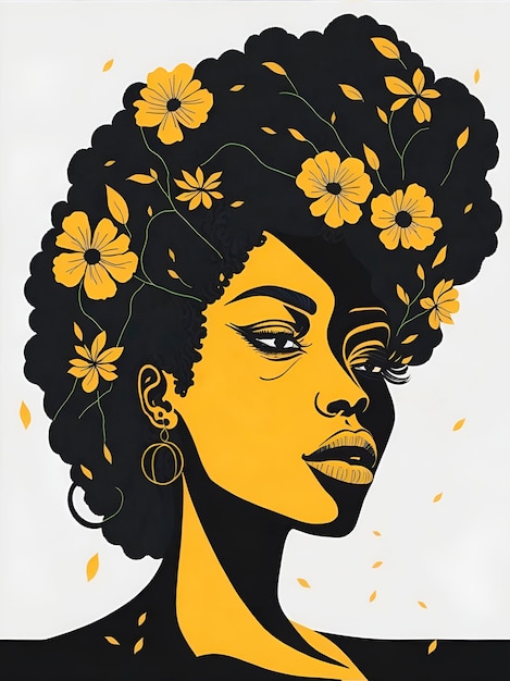 Une affiche pour une femme avec des fleurs jaunes dans les cheveux.