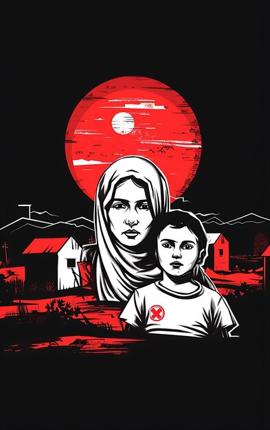 une affiche pour une femme et un garçon avec un cercle rouge sur le dessus
