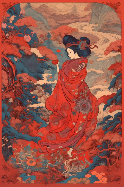 Une affiche pour une femme japonaise avec un kimono rouge et un fond rouge.