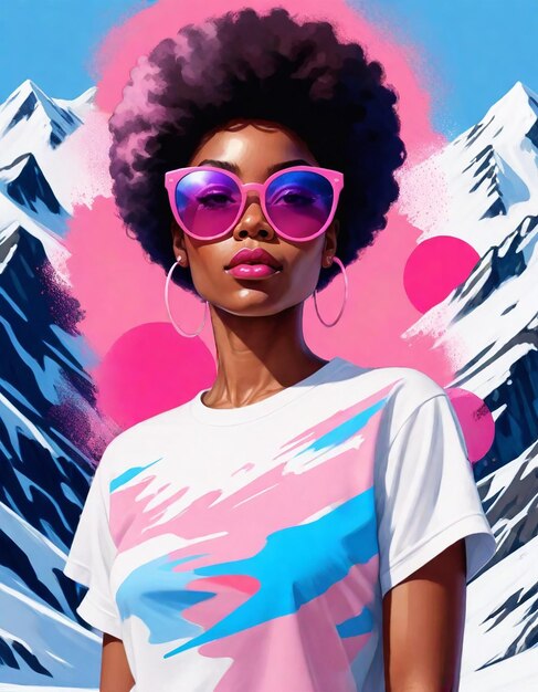 une affiche pour une femme avec des lunettes de soleil violettes et une chemise