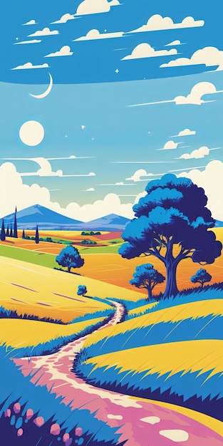 Une affiche pour une ferme avec un ciel bleu et un chemin menant à un champ avec des collines et des arbres.