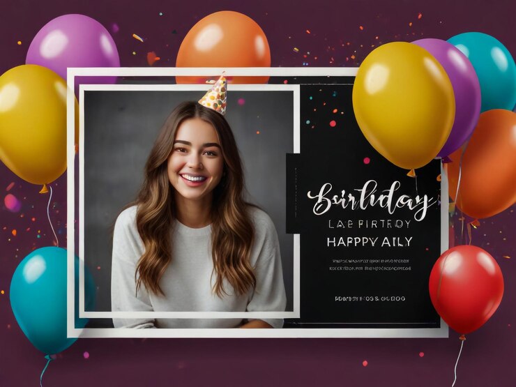 Photo une affiche pour une fête d'anniversaire avec une fille souriante et une carte de joyeux anniversaire