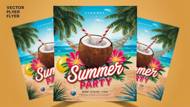 une affiche pour une fête d'été avec des palmiers et un palmier sur le dessus