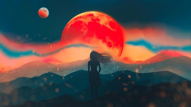 une affiche pour une fille avec une lune rouge en arrière-plan