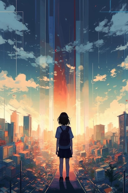 Une affiche pour le film la jeune fille debout devant une ville.