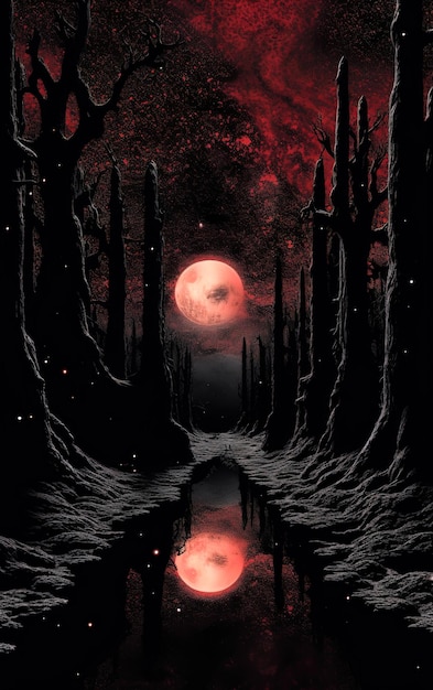 une affiche pour une forêt noire avec une lune rouge et une forêt sombre