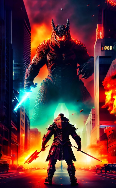 Une affiche pour godzilla montre un monstre géant dans la ville.