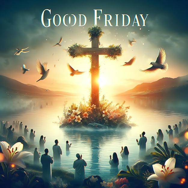 une affiche pour Good Friday est affichée sur un écran avec des gens en arrière-plan