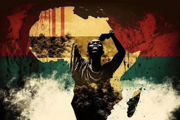 Une affiche pour la guerre du Ghana avec une statue d'homme devant elle.