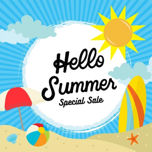 une affiche pour hello hello spécial avec un parapluie de soleil et de plage