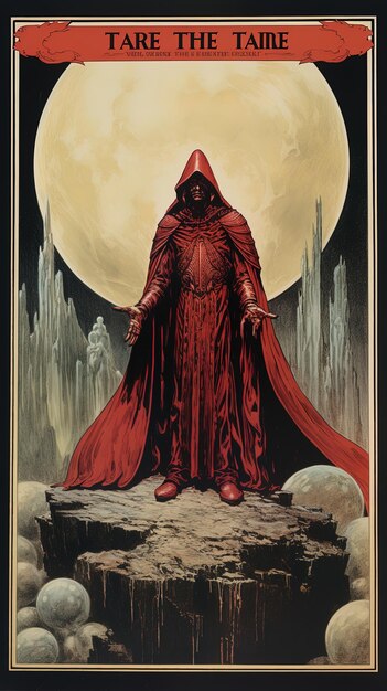 une affiche pour un homme dans une robe rouge avec un manteau rouge dessus