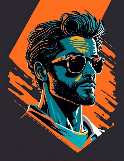 Une affiche pour un homme avec des lunettes de soleil et un fond bleu et orange.