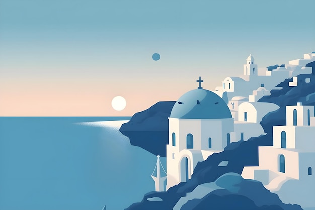 Une affiche pour une île grecque avec une église au sommet.