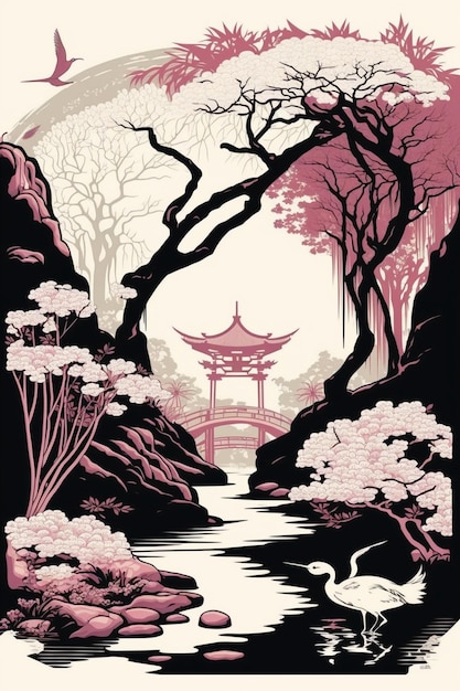 Une affiche pour un jardin japonais avec un pont en arrière-plan.