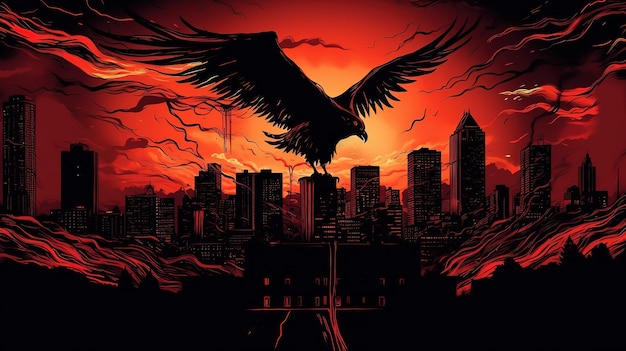 Une affiche pour le jeu l'aigle survole une ville.