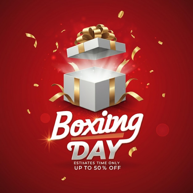une affiche pour le jour de la boxe avec une boîte de confettis en or sur un fond rouge