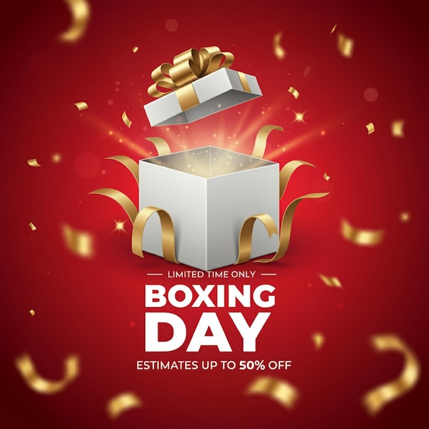 une affiche pour le jour de la boxe avec une boîte avec du papier d'or dessus