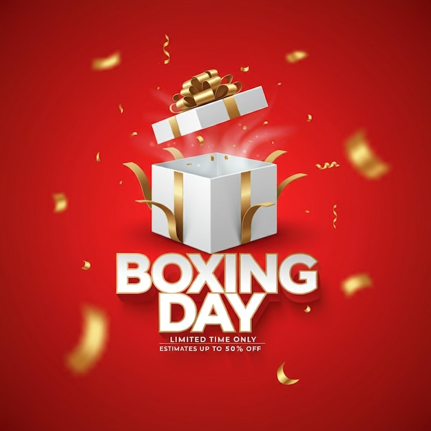 une affiche pour le jour de la boxe avec une boîte avec du papier d'or dessus