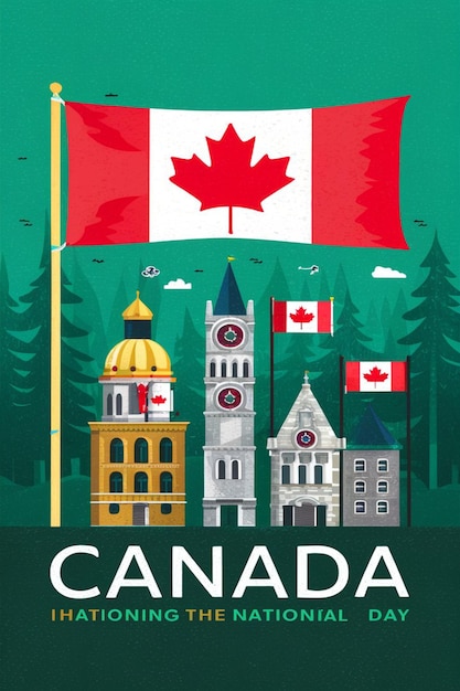 Une affiche pour le jour du Canada avec un bâtiment avec un drapeau canadien en arrière-plan