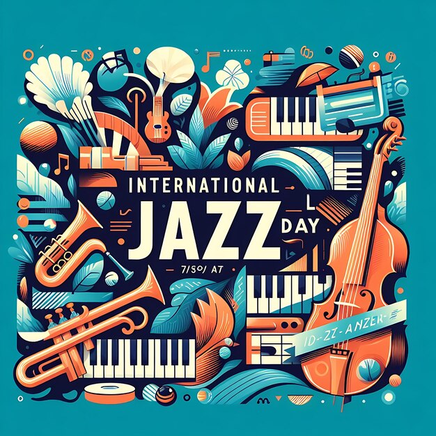 Photo une affiche pour le jour du jazz avec un fond bleu et une image d'un instrument de musique