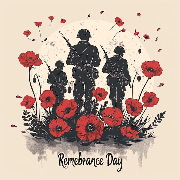 Photo une affiche pour le jour du souvenir avec une silhouette de soldats et un pavot rouge