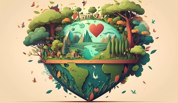 Une affiche pour le jour de la terre montre un cœur avec une rivière et une forêt.