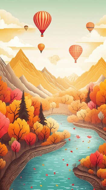 Une affiche pour une journée d'automne avec une rivière et une rivière et une forêt avec un ciel avec des nuages.