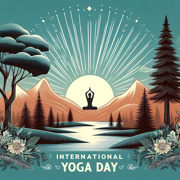 Photo une affiche pour la journée internationale du yoga avec des arbres et des montagnes en arrière-plan