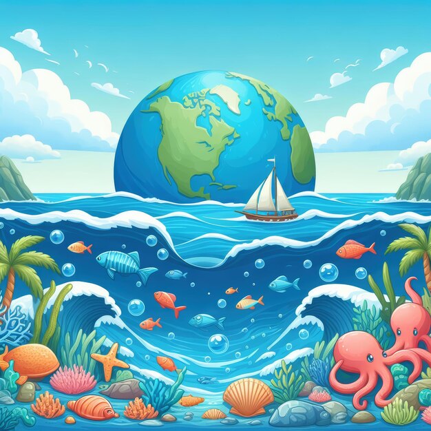Photo une affiche pour la journée mondiale de l'océan avec vue sur la mer
