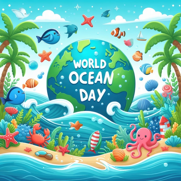 une affiche pour la journée mondiale de l'océan avec vue sur la mer