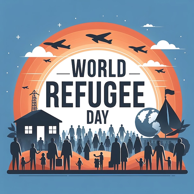 une affiche pour la journée mondiale des réfugiés avec des gens en arrière-plan
