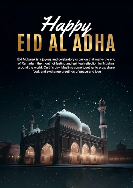 Une affiche pour joyeux eid al adha avec une mosquée en arrière-plan.