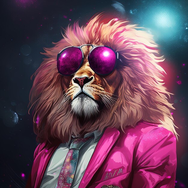 une affiche pour un lion avec des lunettes de soleil et un costume avec une chemise qui dit un lion