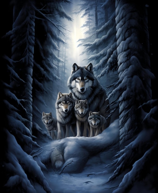 une affiche pour un loup avec des petits dans les bois.