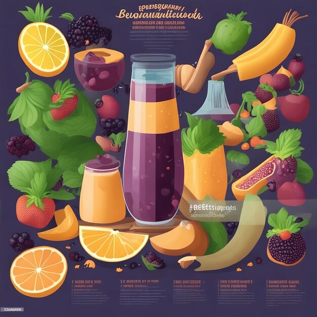 Une affiche pour un magasin de fruits et légumes avec une photo de fruits et un régime de bananes