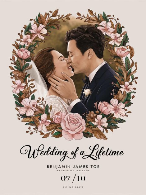 une affiche pour un mariage d'un couple avec un fond floral