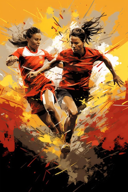 une affiche pour un match de football intitulé Deux femmes courant dans les airs