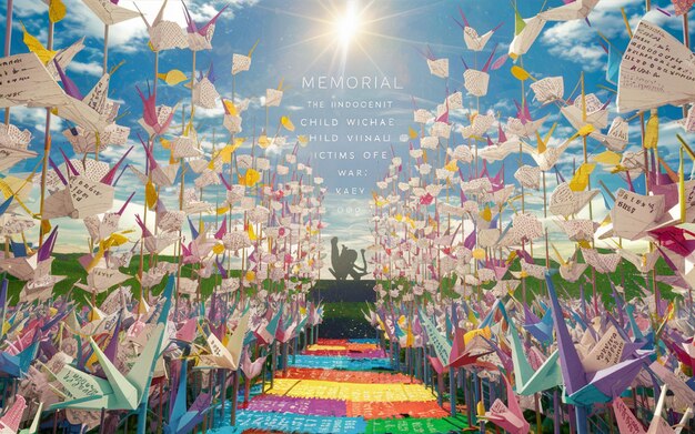 une affiche pour le mémorial commémoratif est montrée avec un ciel bleu et un arc-en-ciel de couleurs