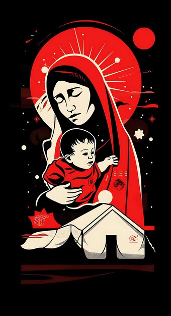 une affiche pour une mère et un enfant avec un fond rouge