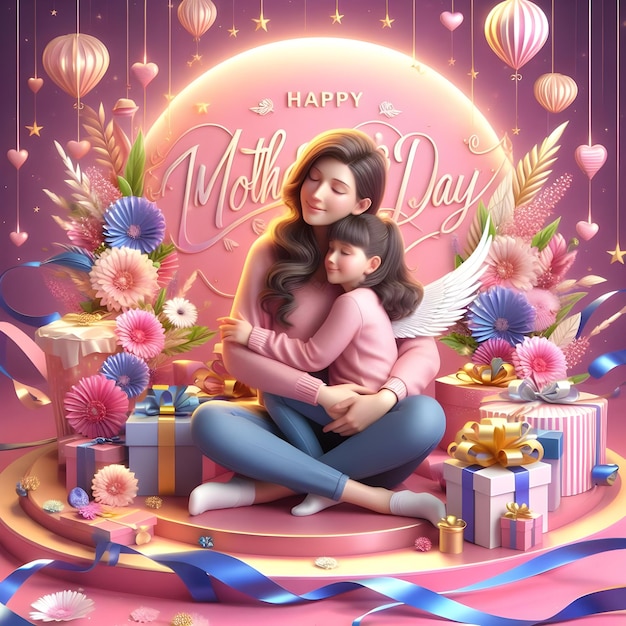 une affiche pour une mère et une fille avec un fond rose avec une belle carte de la Saint-Valentin