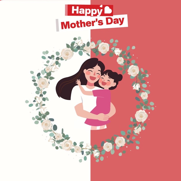 une affiche pour une mère et son enfant avec une couronne de fleurs sur le mur