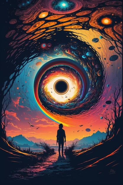 Une affiche pour un monde sombre avec un homme debout devant un trou et un trou noir au centre.