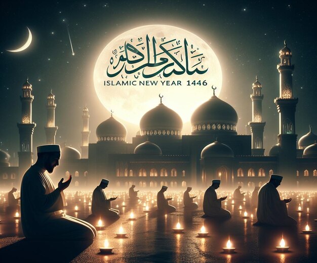 Photo une affiche pour une mosquée avec un homme priant sous une lune avec l'année de l'année
