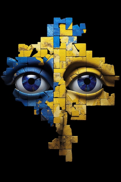 Photo une affiche pour un mur brisé avec un visage et des yeux peints en bleu et jaune.