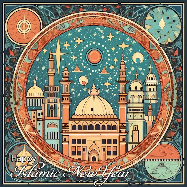 Photo une affiche pour une nouvelle année avec une image d'une mosquée et d'une lune.