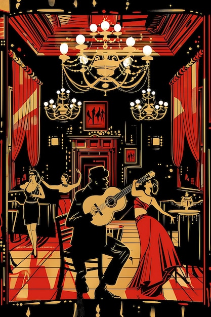 une affiche pour une performance de musiciens et un homme jouant de la guitare