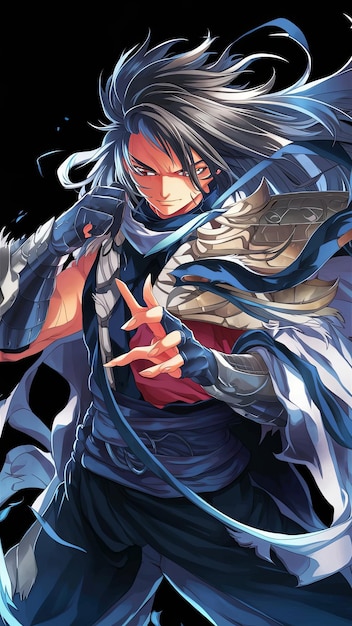 une affiche pour un personnage d'anime avec un fond bleu