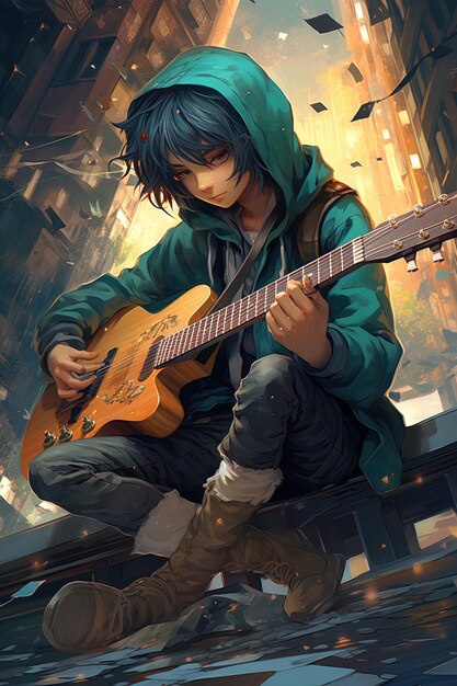 Photo une affiche pour un personnage d'anime avec une guitare