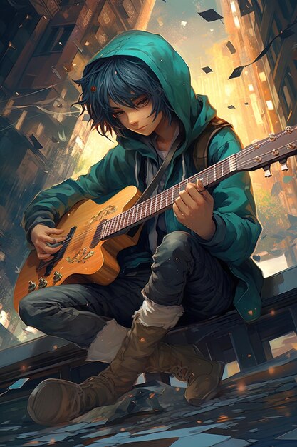 une affiche pour un personnage d'anime avec une guitare